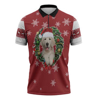 Golden Retriever Christmas Zipper Polo Shirt with Santa Hat Wreath and Snowflake Design - Wonder Print Shop