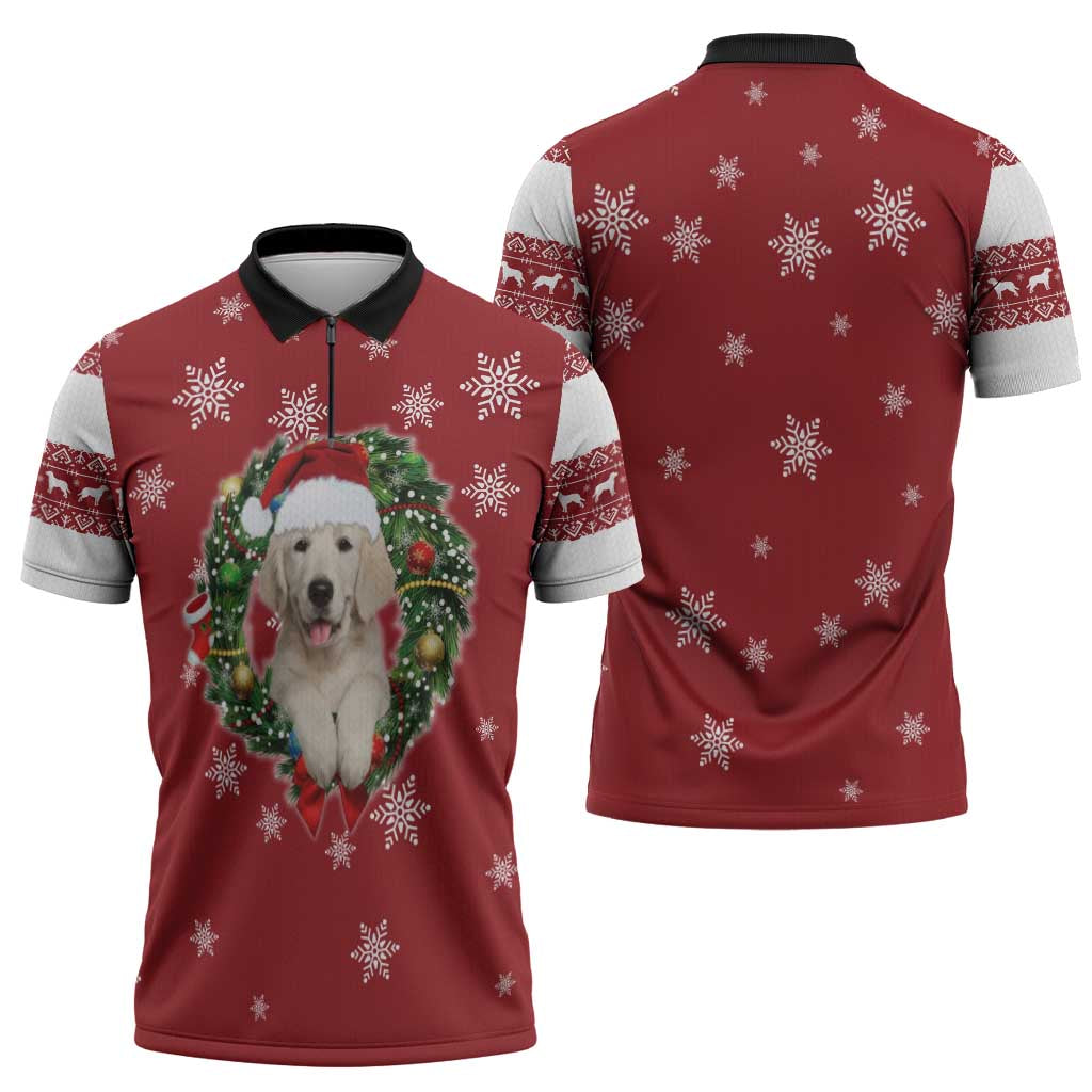 Golden Retriever Christmas Zipper Polo Shirt with Santa Hat Wreath and Snowflake Design - Wonder Print Shop