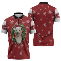 Golden Retriever Christmas Zipper Polo Shirt with Santa Hat Wreath and Snowflake Design - Wonder Print Shop