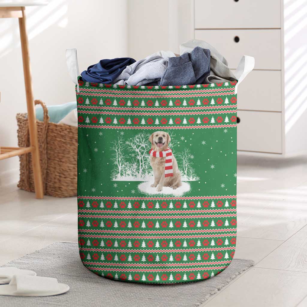 Golden Retriever Christmas Laundry Basket with Red Scarf Snowflakes and Tree Pattern - Wonder Print Shop