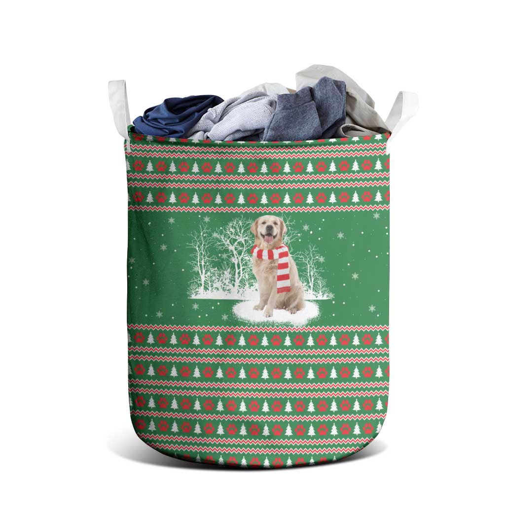Golden Retriever Christmas Laundry Basket with Red Scarf Snowflakes and Tree Pattern - Wonder Print Shop