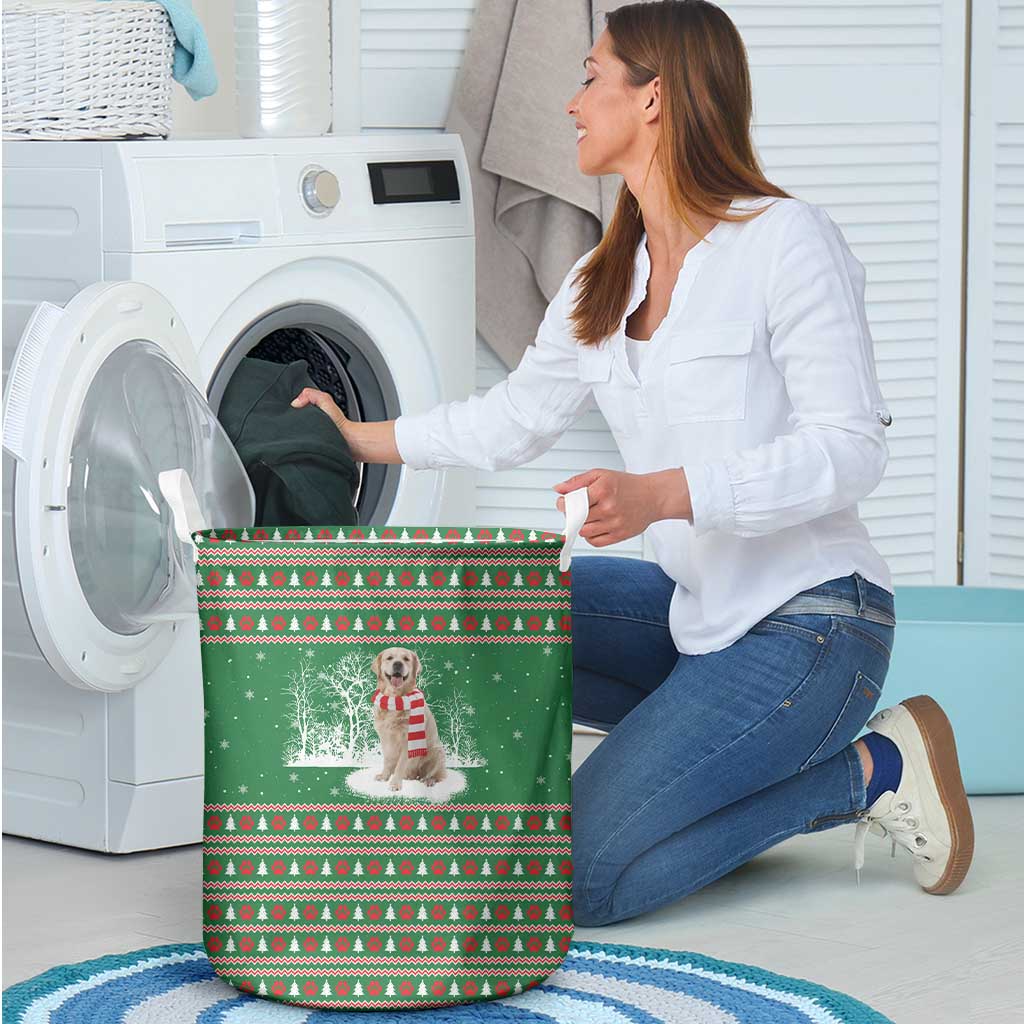 Golden Retriever Christmas Laundry Basket with Red Scarf Snowflakes and Tree Pattern - Wonder Print Shop