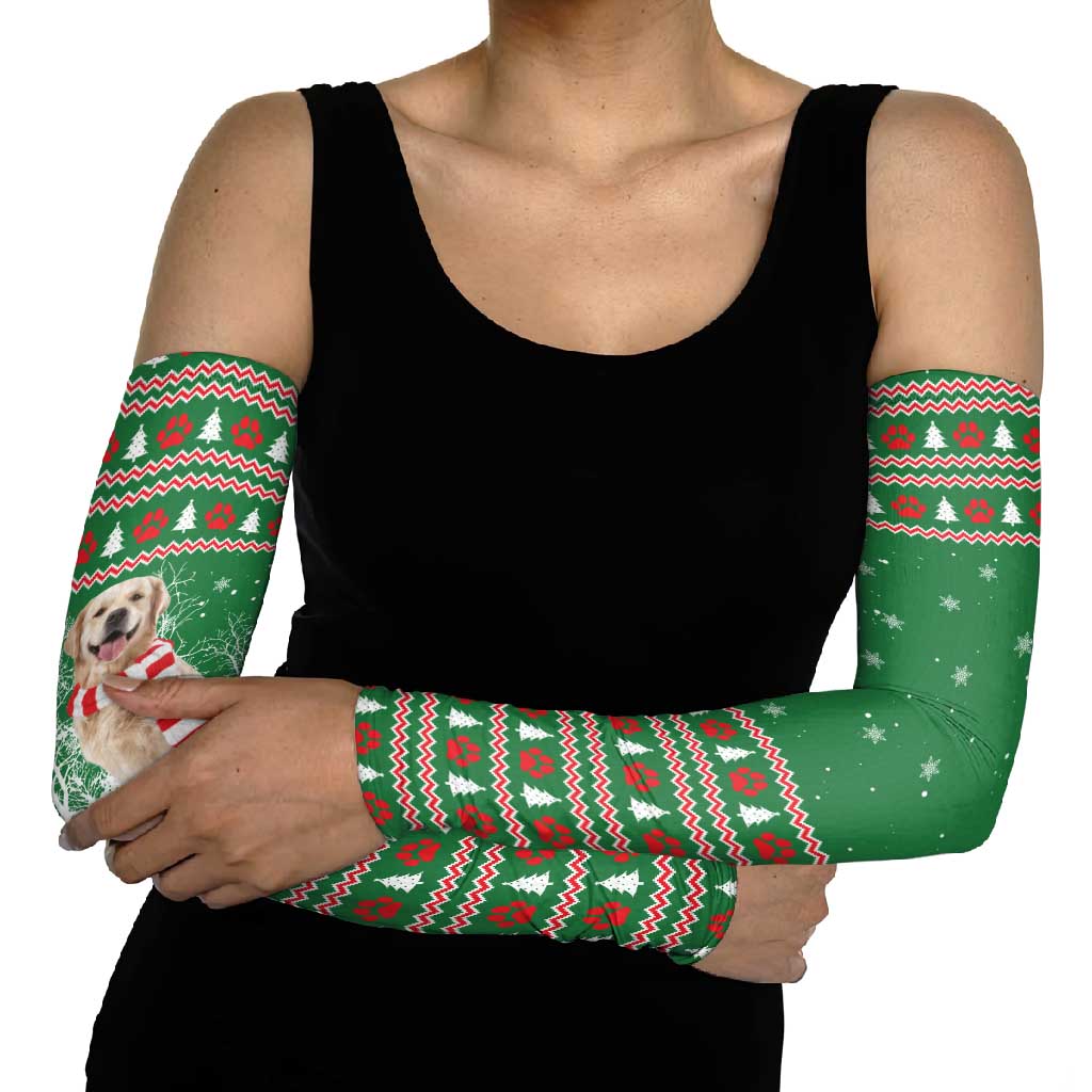 Golden Retriever Christmas Arm Sleeves with Red Scarf Snowflakes and Tree Pattern - Wonder Print Shop