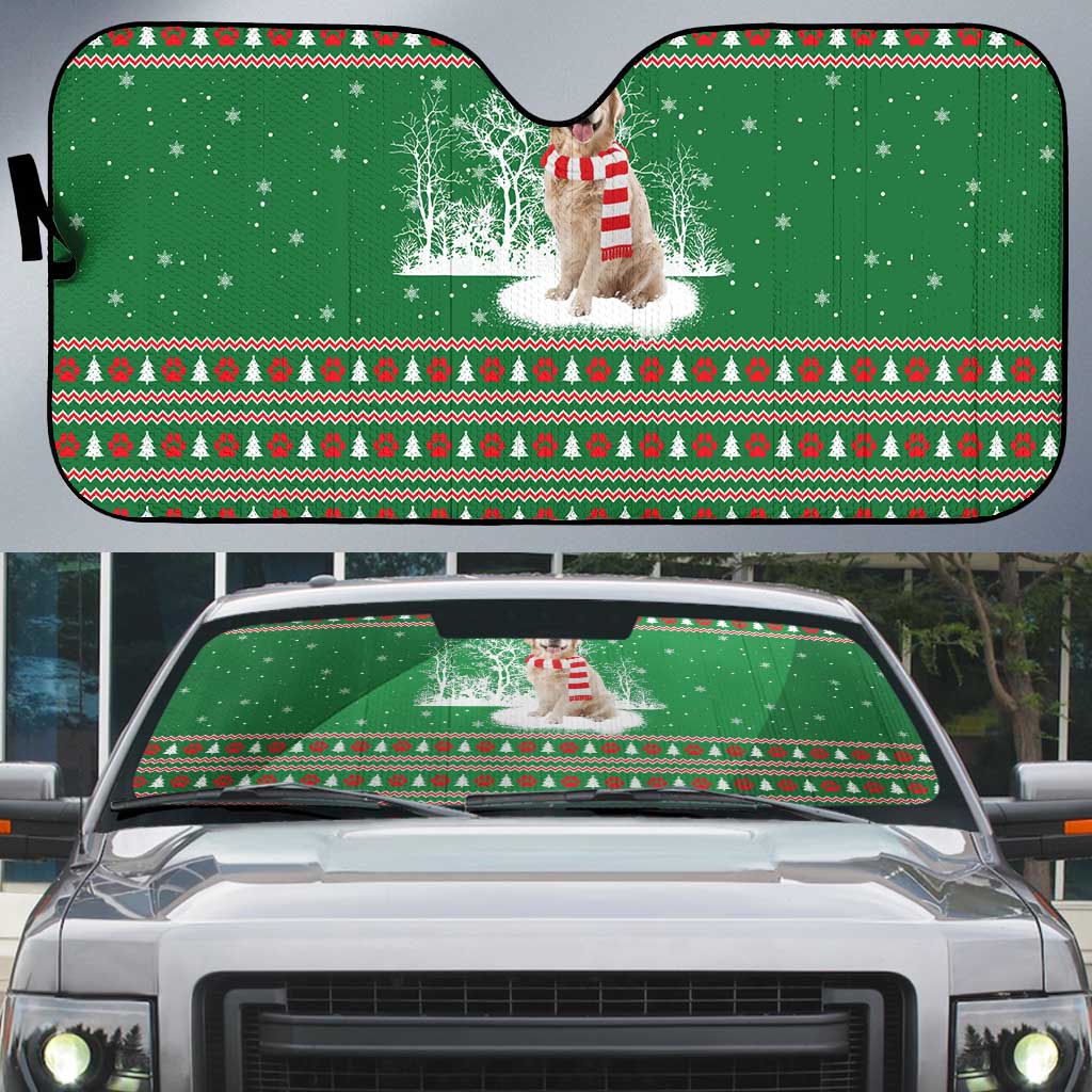 Golden Retriever Christmas Auto Sun Shade with Red Scarf Snowflakes and Tree Pattern - Wonder Print Shop