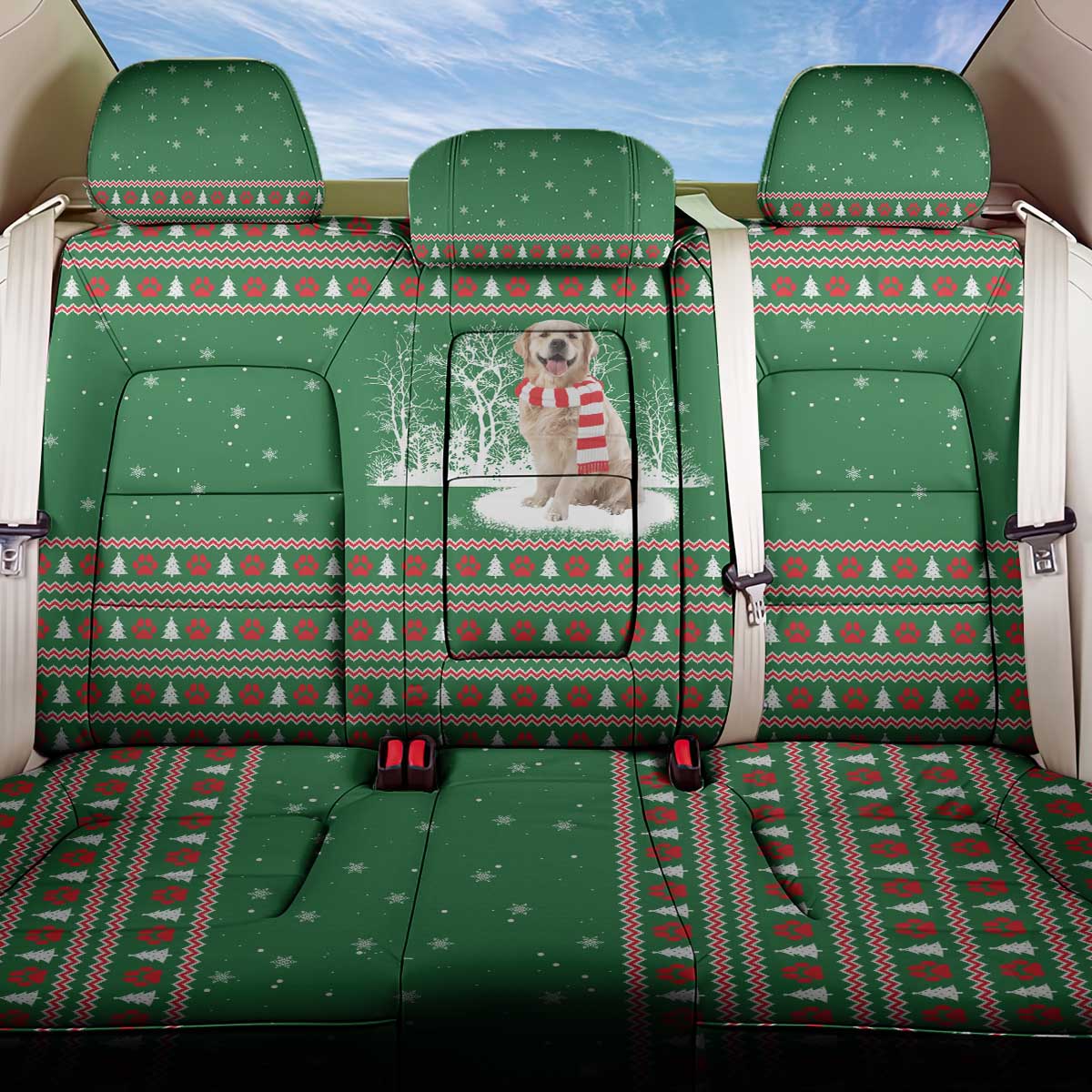 Golden Retriever Christmas Back Car Seat Cover with Red Scarf Snowflakes and Tree Pattern - Wonder Print Shop