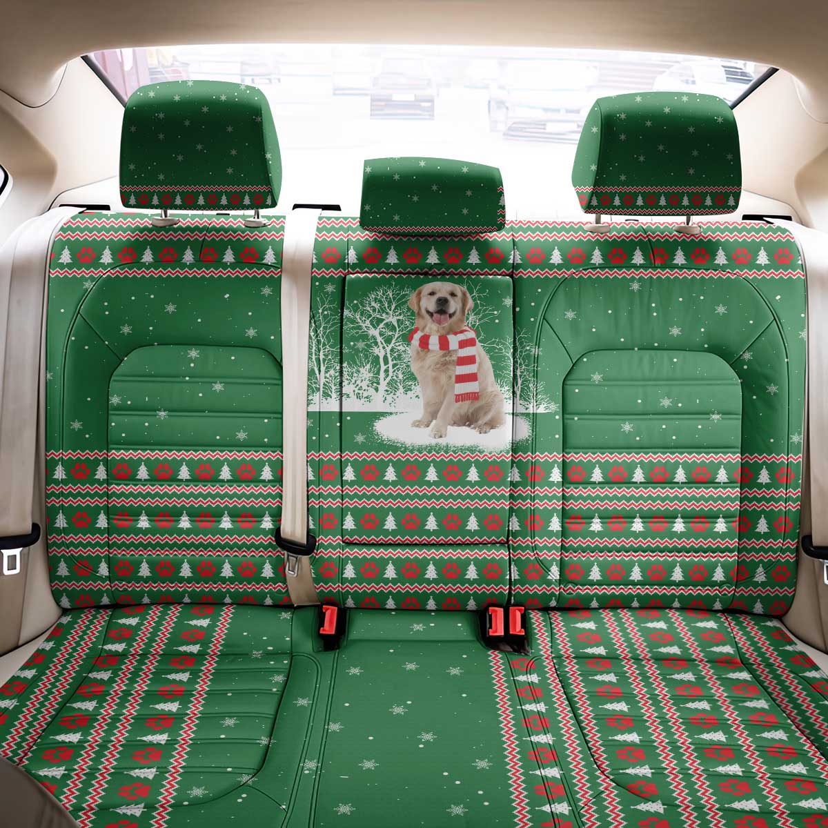 Golden Retriever Christmas Back Car Seat Cover with Red Scarf Snowflakes and Tree Pattern - Wonder Print Shop
