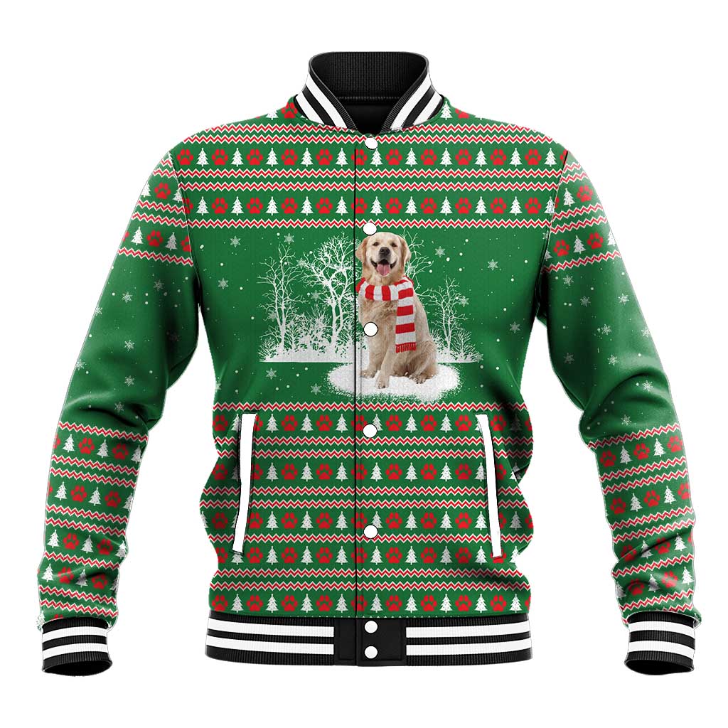 Golden Retriever Christmas Baseball Jacket with Red Scarf Snowflakes and Tree Pattern - Wonder Print Shop
