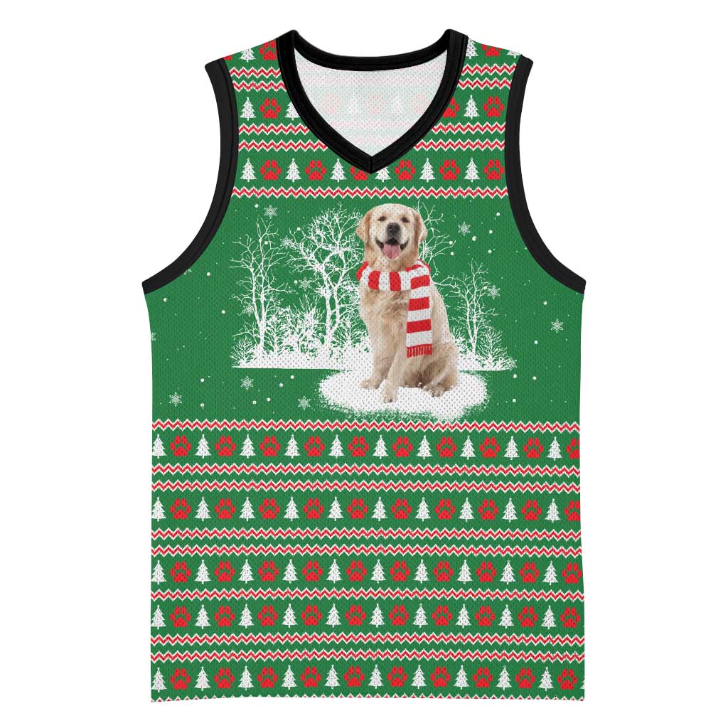 Golden Retriever Christmas Basketball Jersey with Red Scarf Snowflakes and Tree Pattern - Wonder Print Shop