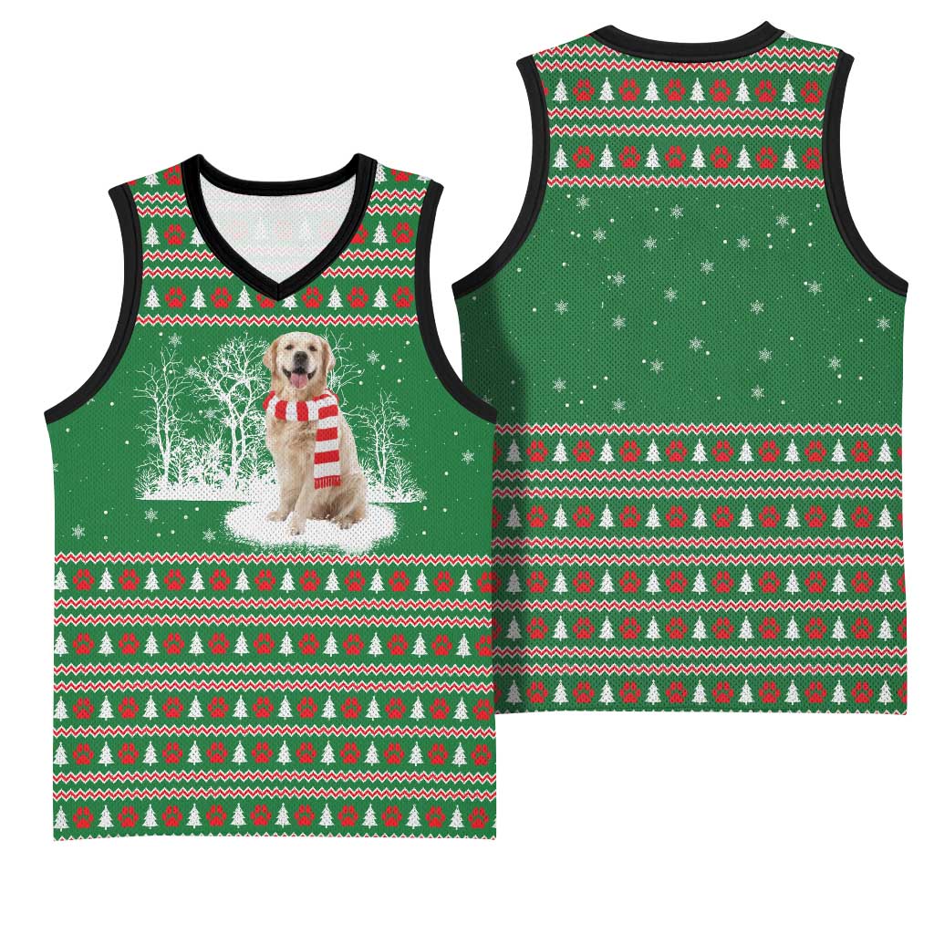 Golden Retriever Christmas Basketball Jersey with Red Scarf Snowflakes and Tree Pattern - Wonder Print Shop