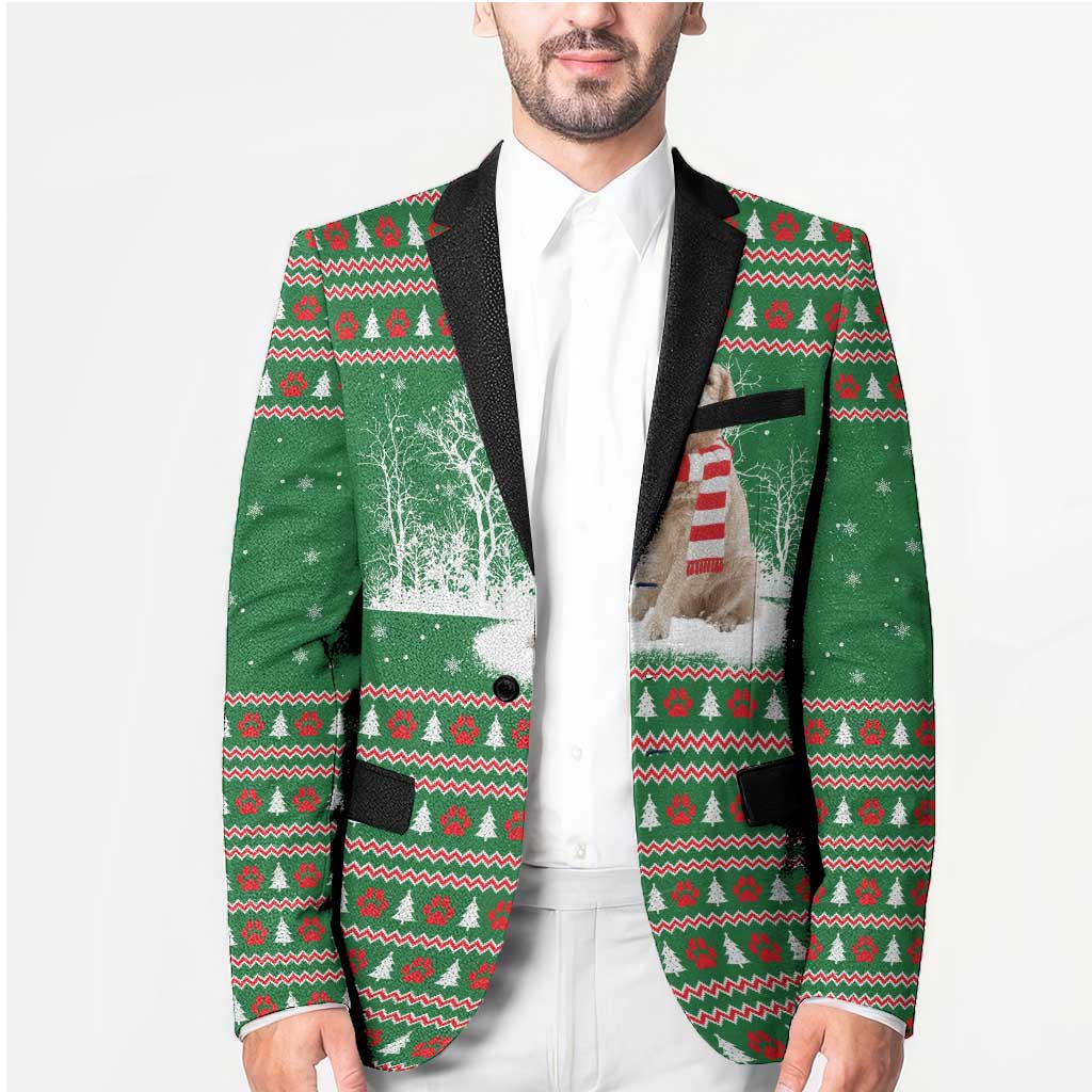 Golden Retriever Christmas Blazer with Red Scarf Snowflakes and Tree Pattern - Wonder Print Shop