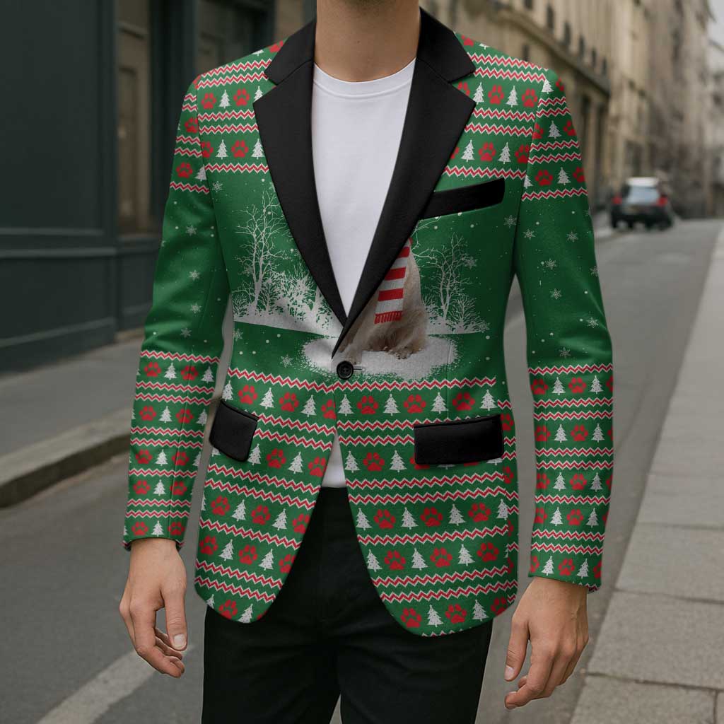 Golden Retriever Christmas Blazer with Red Scarf Snowflakes and Tree Pattern - Wonder Print Shop