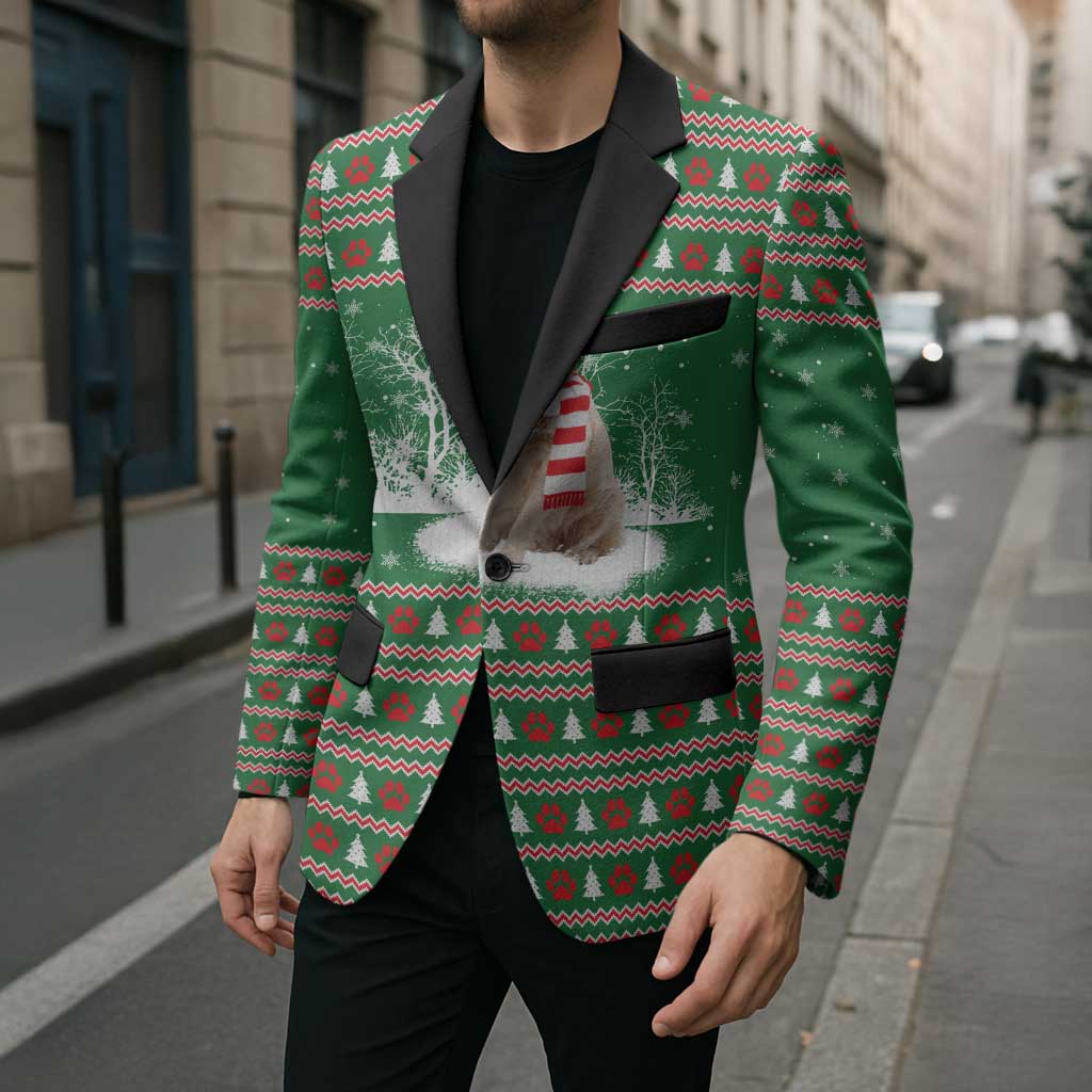 Golden Retriever Christmas Blazer with Red Scarf Snowflakes and Tree Pattern - Wonder Print Shop