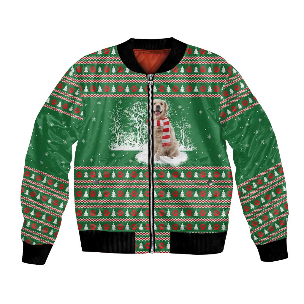 Golden Retriever Christmas Bomber Jacket with Red Scarf Snowflakes and Tree Pattern - Wonder Print Shop