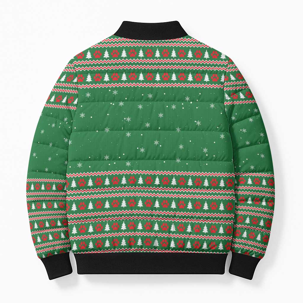 Golden Retriever Christmas Bomber Puffer Jacket with Red Scarf Snowflakes and Tree Pattern - Wonder Print Shop