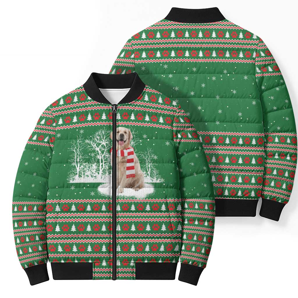 Golden Retriever Christmas Bomber Puffer Jacket with Red Scarf Snowflakes and Tree Pattern - Wonder Print Shop