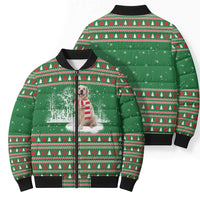 Golden Retriever Christmas Bomber Puffer Jacket with Red Scarf Snowflakes and Tree Pattern - Wonder Print Shop