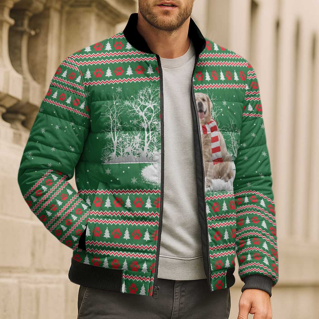 Golden Retriever Christmas Bomber Puffer Jacket with Red Scarf Snowflakes and Tree Pattern - Wonder Print Shop