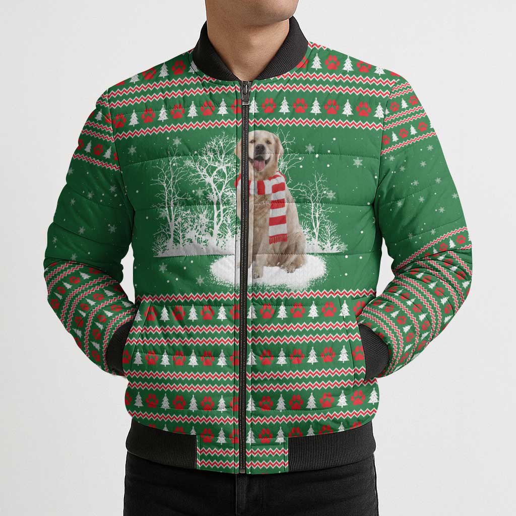 Golden Retriever Christmas Bomber Puffer Jacket with Red Scarf Snowflakes and Tree Pattern - Wonder Print Shop