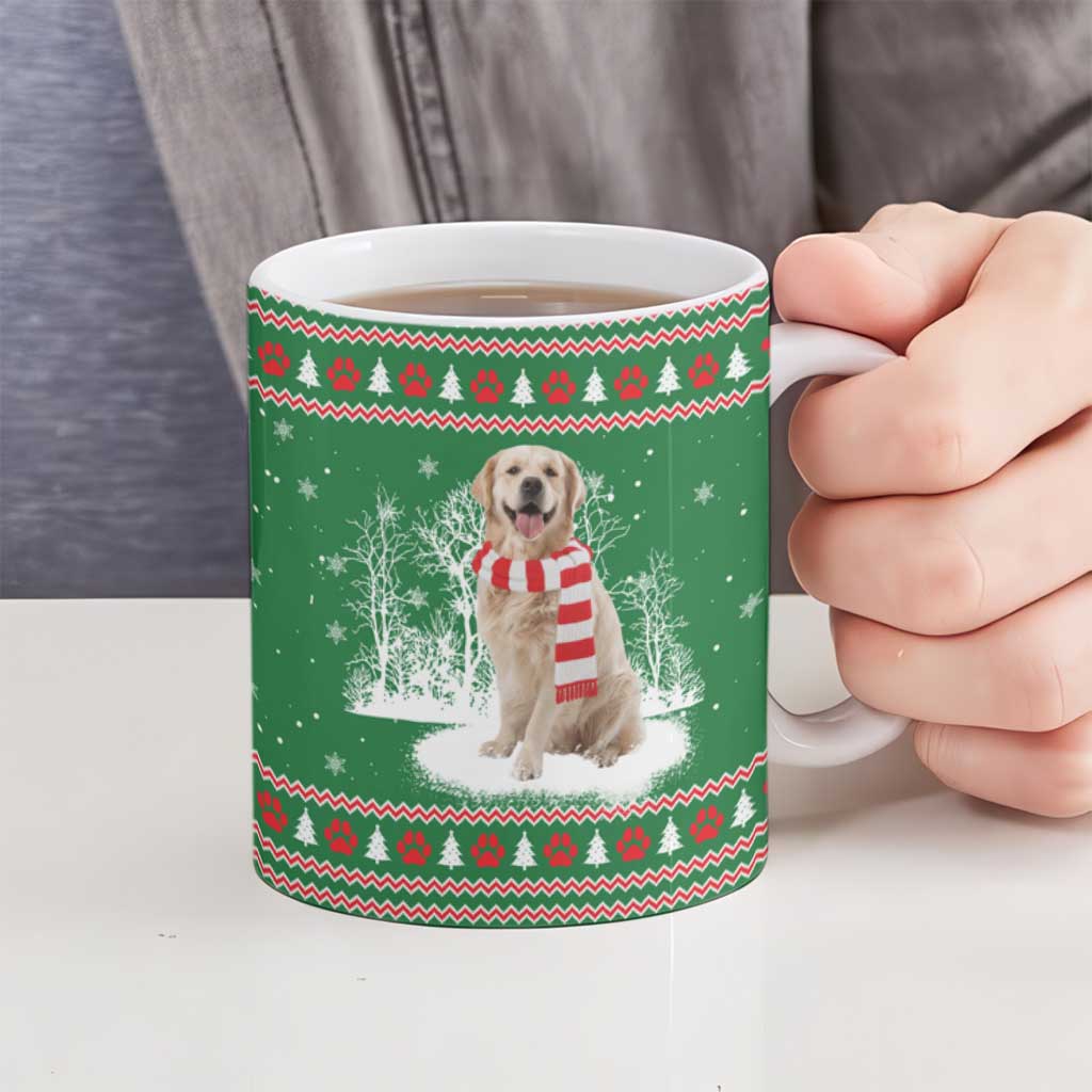 Golden Retriever Christmas Ceramic Mug with Red Scarf Snowflakes and Tree Pattern - Wonder Print Shop