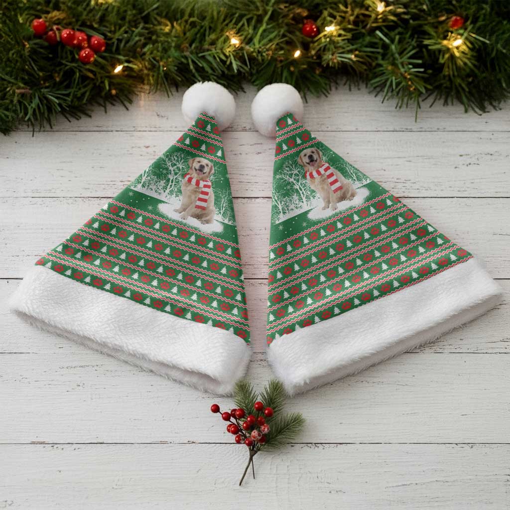 Golden Retriever Christmas Santa Hat with Red Scarf Snowflakes and Tree Pattern - Wonder Print Shop