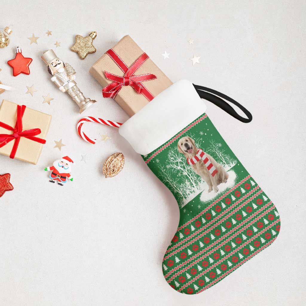 Golden Retriever Christmas Stocking with Red Scarf Snowflakes and Tree Pattern - Wonder Print Shop