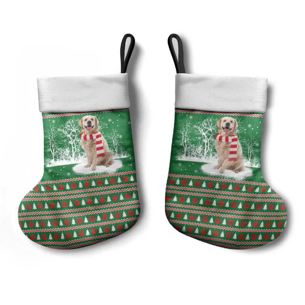 Golden Retriever Christmas Stocking with Red Scarf Snowflakes and Tree Pattern - Wonder Print Shop