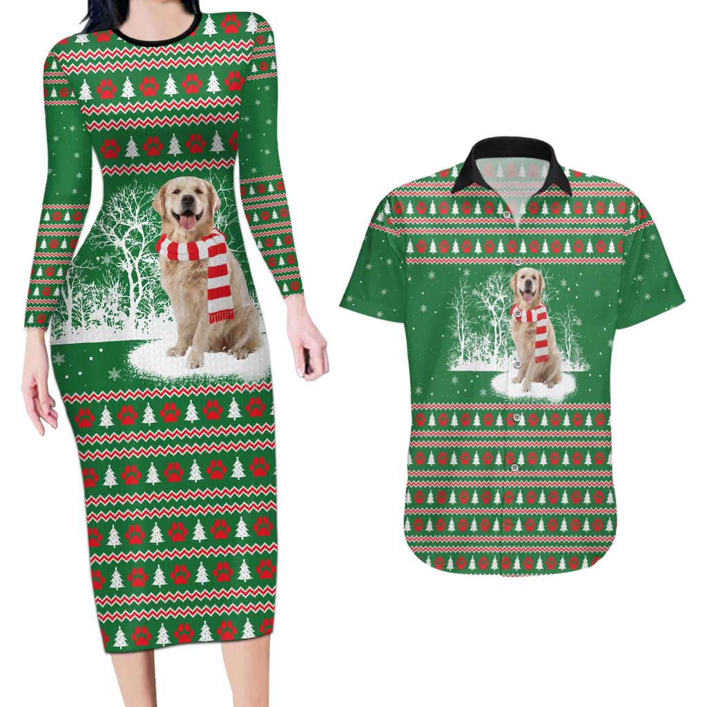 Golden Retriever Christmas Couples Matching Long Sleeve Bodycon Dress and Hawaiian Shirt with Red Scarf Snowflakes and Tree Pattern - Wonder Print Shop