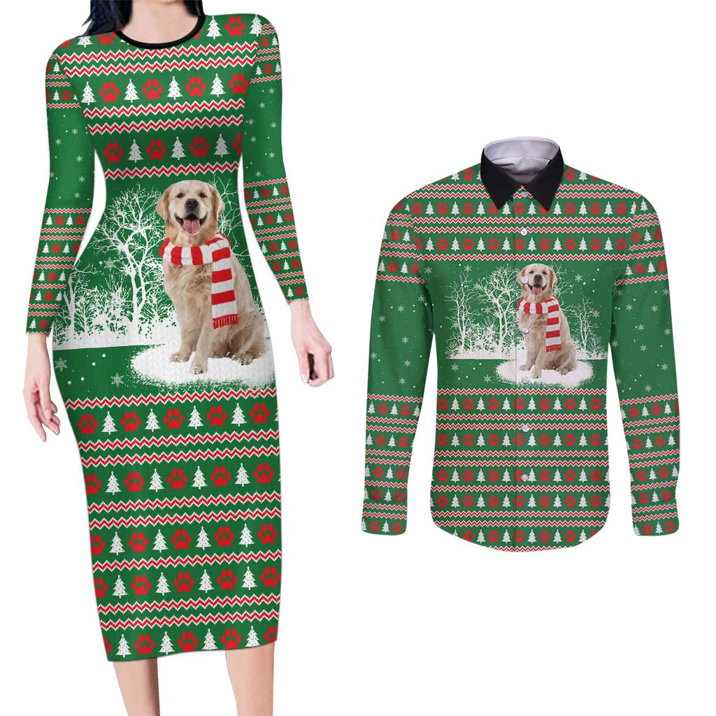 Golden Retriever Christmas Couples Matching Long Sleeve Bodycon Dress and Long Sleeve Button Shirt with Red Scarf Snowflakes and Tree Pattern - Wonder Print Shop