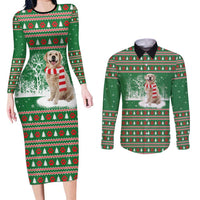 Golden Retriever Christmas Couples Matching Long Sleeve Bodycon Dress and Long Sleeve Button Shirt with Red Scarf Snowflakes and Tree Pattern - Wonder Print Shop