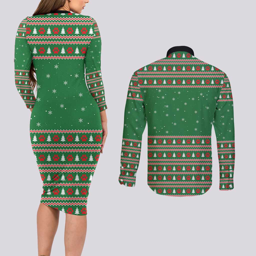 Golden Retriever Christmas Couples Matching Long Sleeve Bodycon Dress and Long Sleeve Button Shirt with Red Scarf Snowflakes and Tree Pattern - Wonder Print Shop
