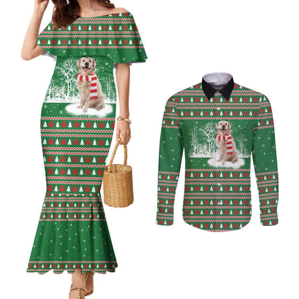 Golden Retriever Christmas Couples Matching Mermaid Dress and Long Sleeve Button Shirt with Red Scarf Snowflakes and Tree Pattern - Wonder Print Shop