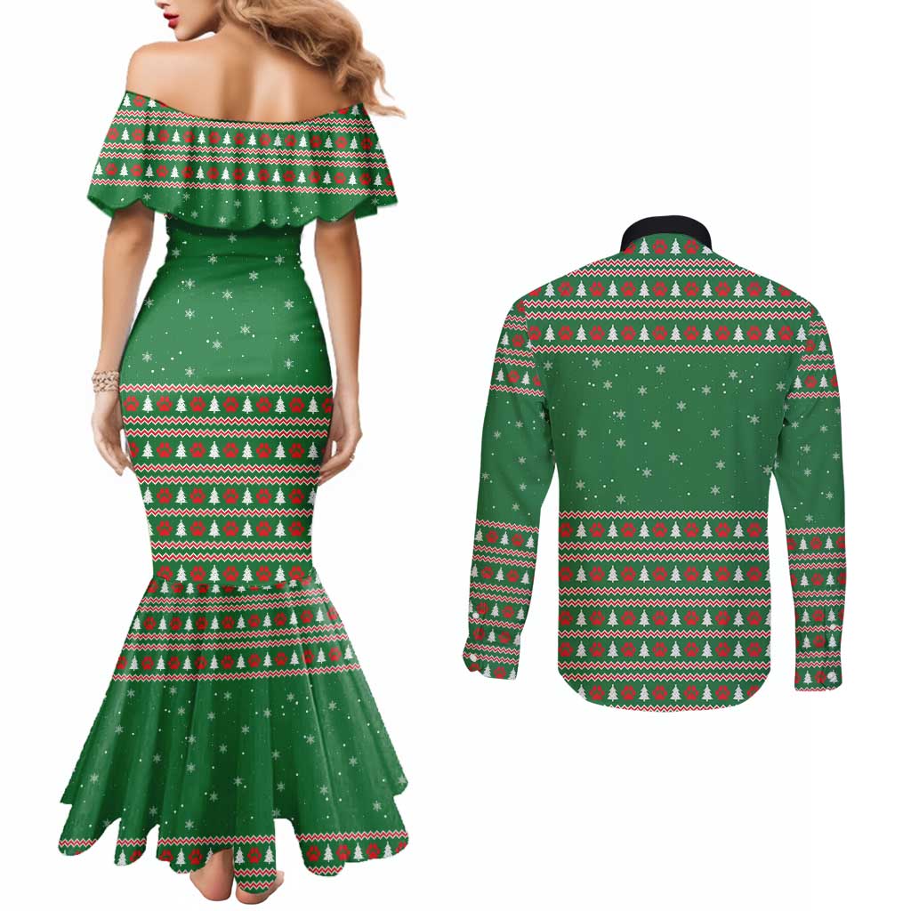 Golden Retriever Christmas Couples Matching Mermaid Dress and Long Sleeve Button Shirt with Red Scarf Snowflakes and Tree Pattern - Wonder Print Shop