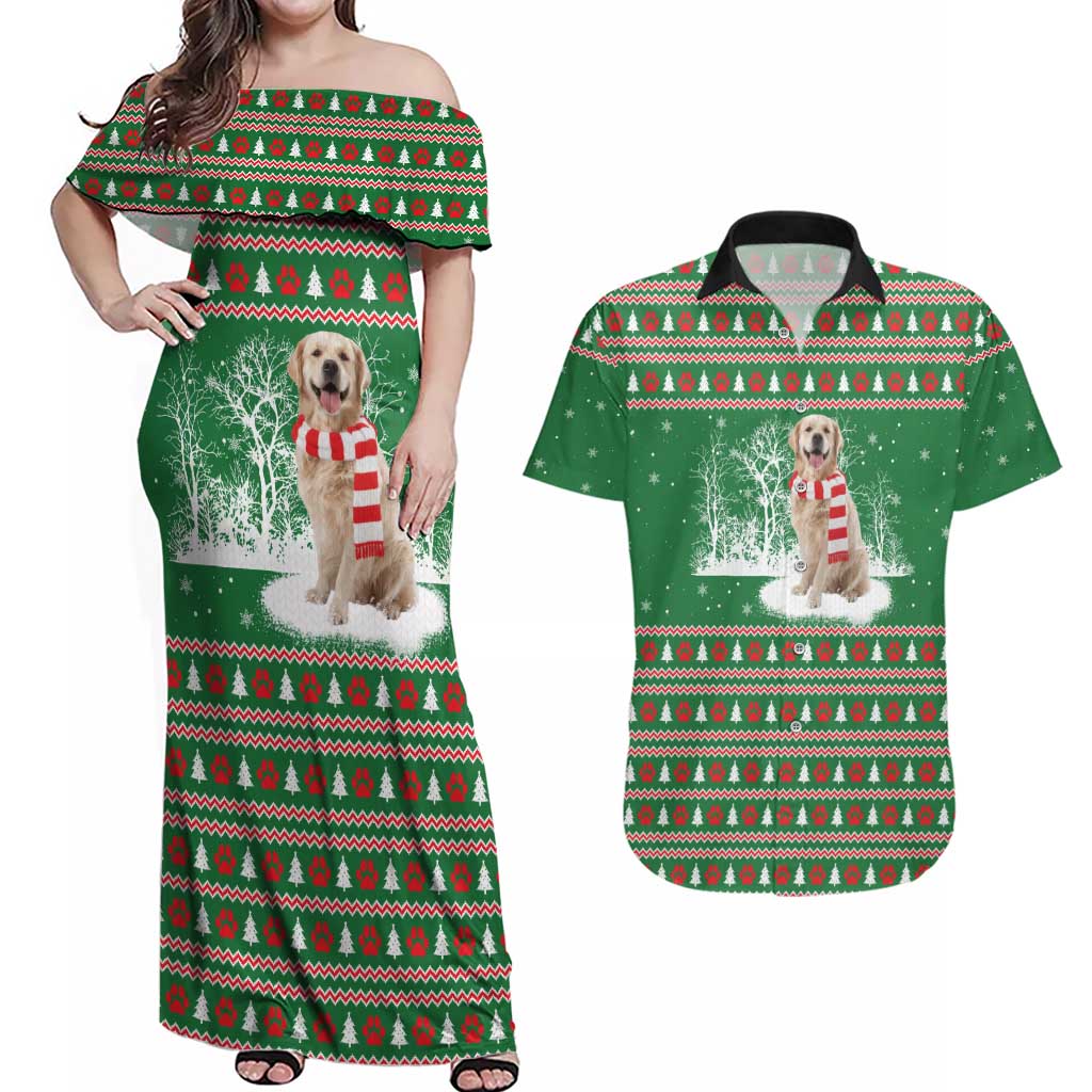 Golden Retriever Christmas Couples Matching Off Shoulder Maxi Dress and Hawaiian Shirt with Red Scarf Snowflakes and Tree Pattern - Wonder Print Shop