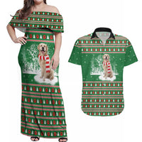 Golden Retriever Christmas Couples Matching Off Shoulder Maxi Dress and Hawaiian Shirt with Red Scarf Snowflakes and Tree Pattern - Wonder Print Shop