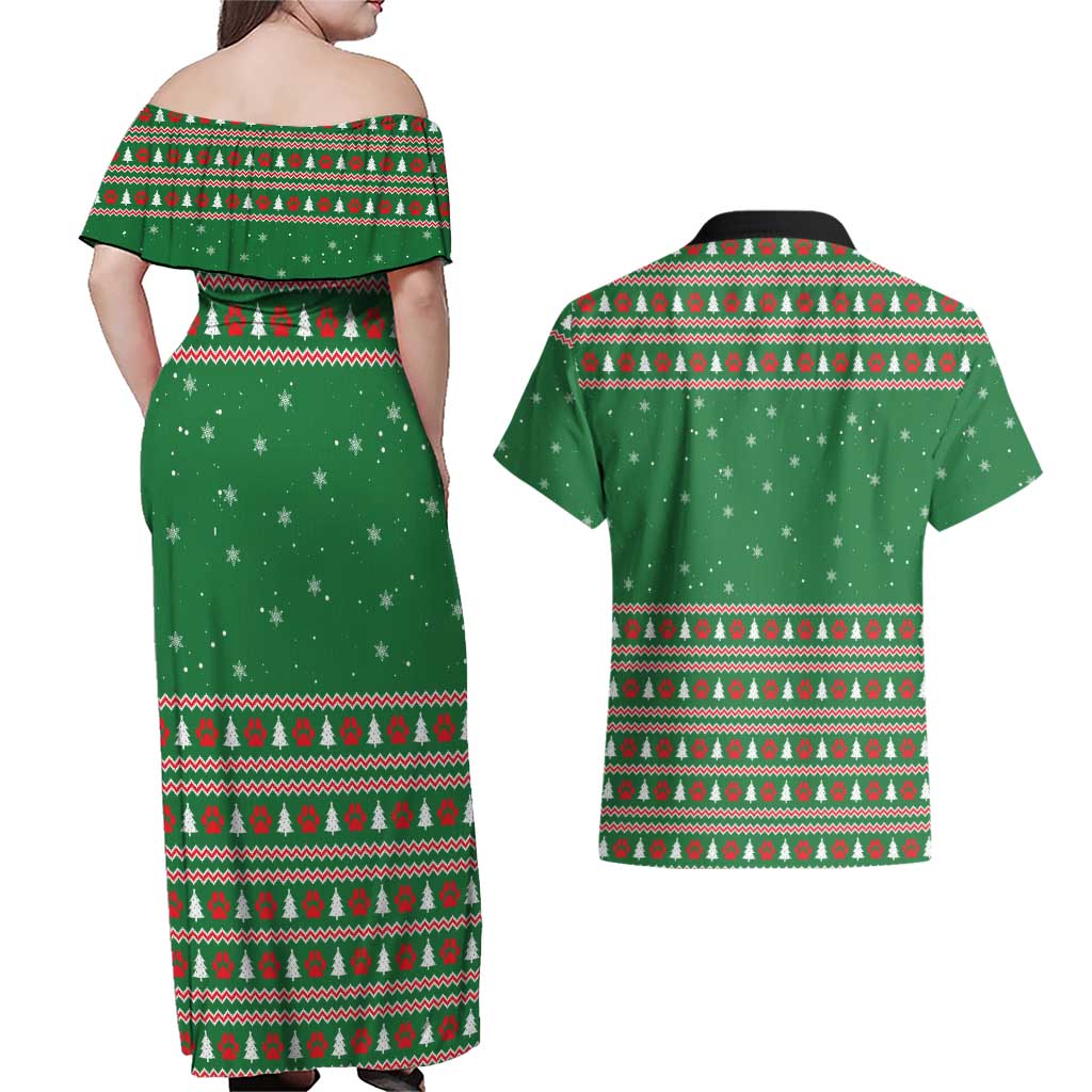 Golden Retriever Christmas Couples Matching Off Shoulder Maxi Dress and Hawaiian Shirt with Red Scarf Snowflakes and Tree Pattern - Wonder Print Shop