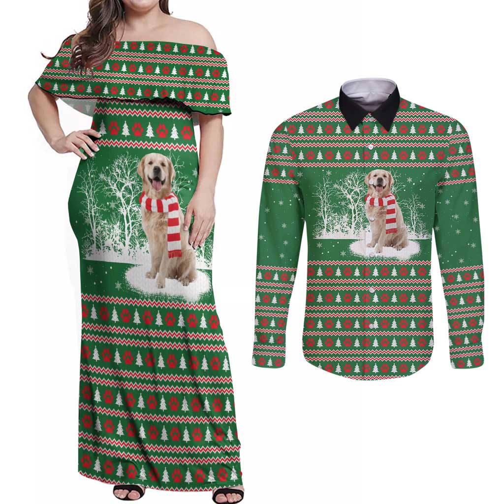 Golden Retriever Christmas Couples Matching Off Shoulder Maxi Dress and Long Sleeve Button Shirt with Red Scarf Snowflakes and Tree Pattern - Wonder Print Shop
