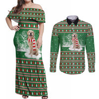 Golden Retriever Christmas Couples Matching Off Shoulder Maxi Dress and Long Sleeve Button Shirt with Red Scarf Snowflakes and Tree Pattern - Wonder Print Shop