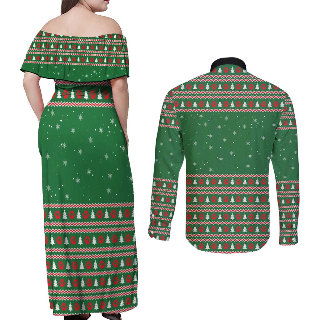 Golden Retriever Christmas Couples Matching Off Shoulder Maxi Dress and Long Sleeve Button Shirt with Red Scarf Snowflakes and Tree Pattern - Wonder Print Shop