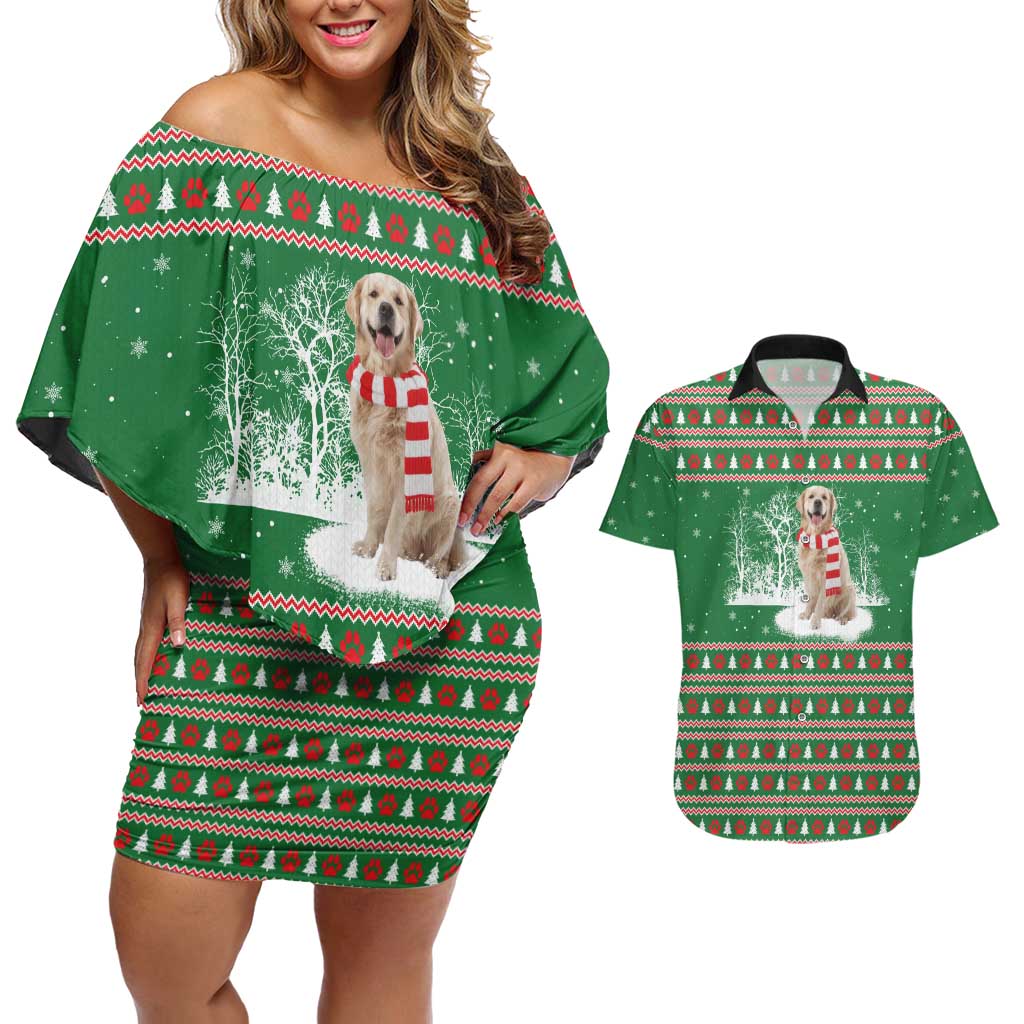 Golden Retriever Christmas Couples Matching Off Shoulder Short Dress and Hawaiian Shirt with Red Scarf Snowflakes and Tree Pattern - Wonder Print Shop