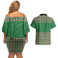 Golden Retriever Christmas Couples Matching Off Shoulder Short Dress and Hawaiian Shirt with Red Scarf Snowflakes and Tree Pattern - Wonder Print Shop