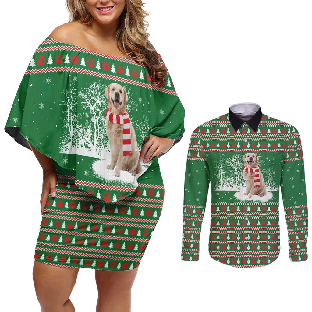 Golden Retriever Christmas Couples Matching Off Shoulder Short Dress and Long Sleeve Button Shirt with Red Scarf Snowflakes and Tree Pattern - undefined