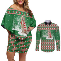 Golden Retriever Christmas Couples Matching Off Shoulder Short Dress and Long Sleeve Button Shirt with Red Scarf Snowflakes and Tree Pattern - undefined
