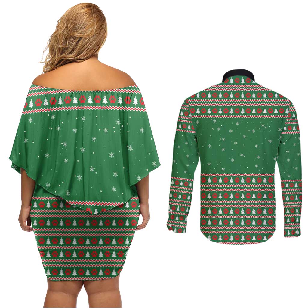 Golden Retriever Christmas Couples Matching Off Shoulder Short Dress and Long Sleeve Button Shirt with Red Scarf Snowflakes and Tree Pattern - undefined