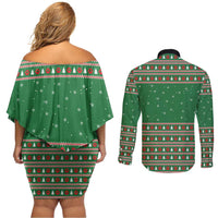Golden Retriever Christmas Couples Matching Off Shoulder Short Dress and Long Sleeve Button Shirt with Red Scarf Snowflakes and Tree Pattern - undefined