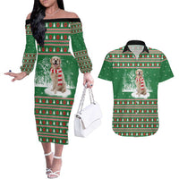 Golden Retriever Christmas Couples Matching Off The Shoulder Long Sleeve Dress and Hawaiian Shirt with Red Scarf Snowflakes and Tree Pattern - Wonder Print Shop