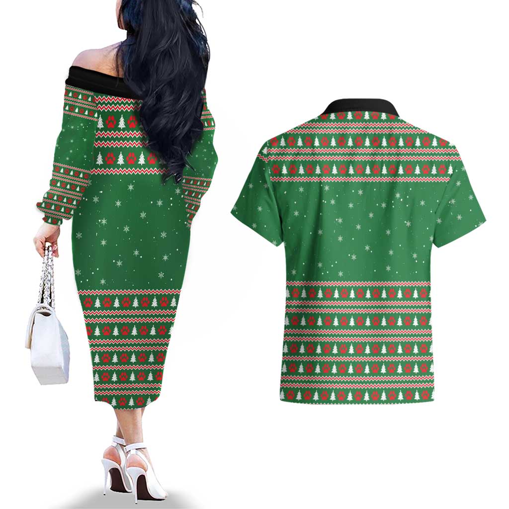 Golden Retriever Christmas Couples Matching Off The Shoulder Long Sleeve Dress and Hawaiian Shirt with Red Scarf Snowflakes and Tree Pattern - Wonder Print Shop