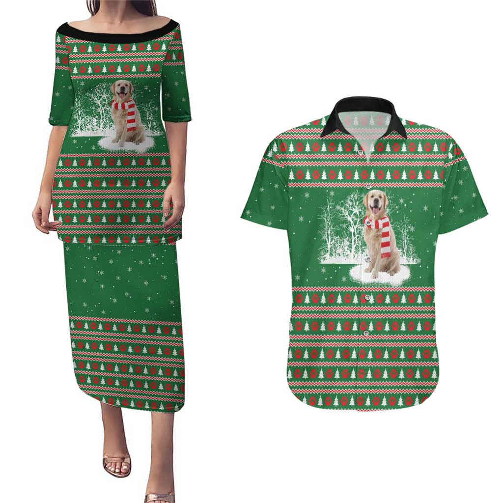 Golden Retriever Christmas Couples Matching Puletasi and Hawaiian Shirt with Red Scarf Snowflakes and Tree Pattern - Wonder Print Shop