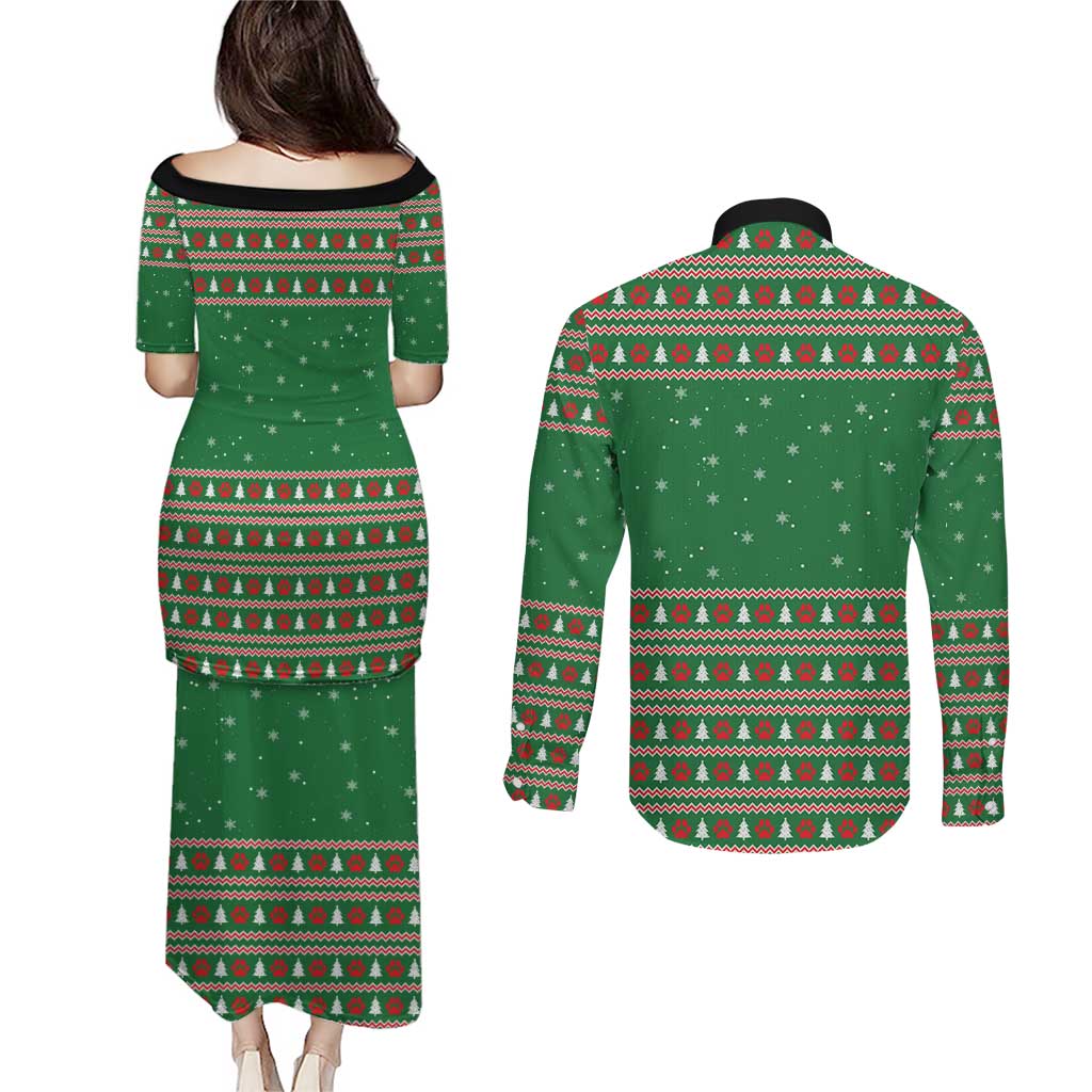 Golden Retriever Christmas Couples Matching Puletasi and Long Sleeve Button Shirt with Red Scarf Snowflakes and Tree Pattern - Wonder Print Shop