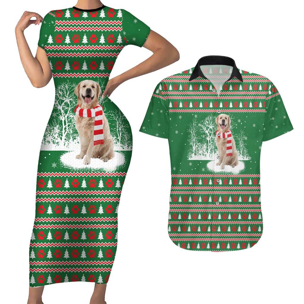 Golden Retriever Christmas Couples Matching Short Sleeve Bodycon Dress and Hawaiian Shirt with Red Scarf Snowflakes and Tree Pattern - Wonder Print Shop