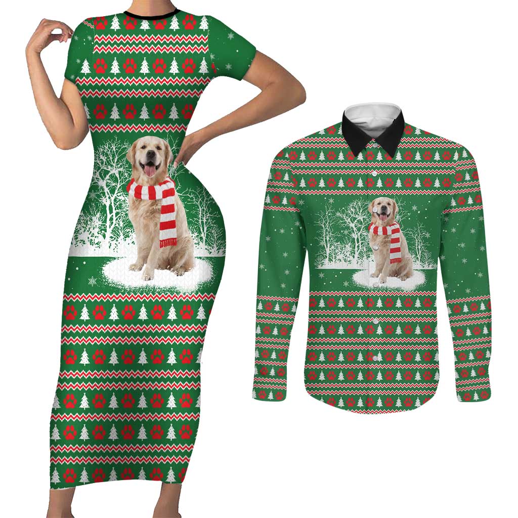 Golden Retriever Christmas Couples Matching Short Sleeve Bodycon Dress and Long Sleeve Button Shirt with Red Scarf Snowflakes and Tree Pattern - Wonder Print Shop
